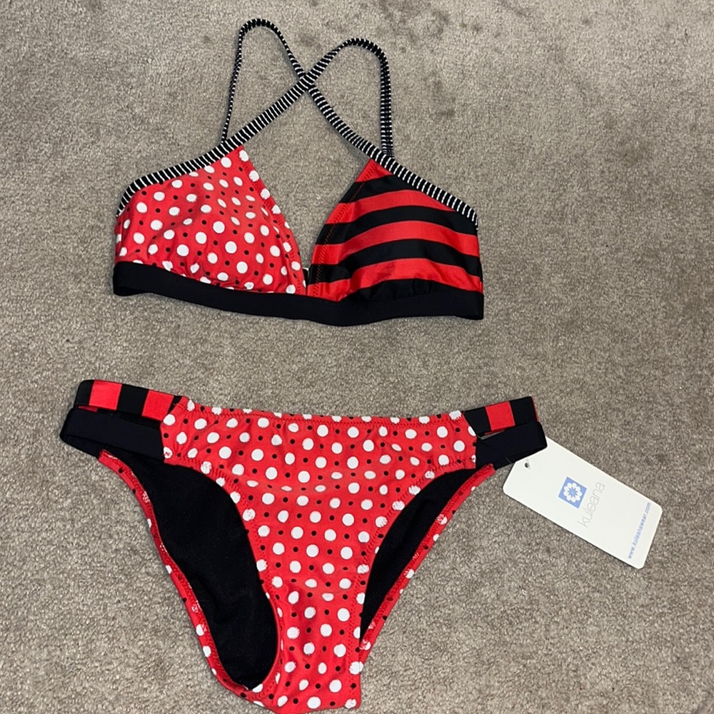 Red and white polkadotted bikini.